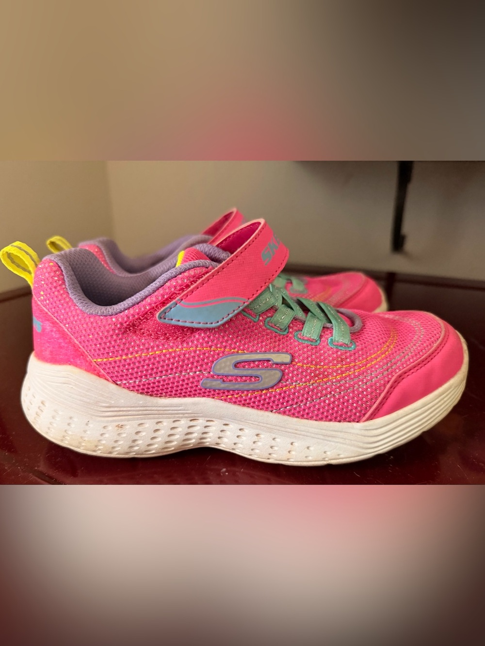 Skechers Kids Bright Pink Sneakers with Mint Laces and Purple Trim
